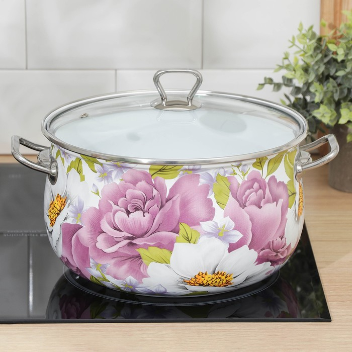 Кастрюля эмалированная «Пион», 5.7 л, стеклянная крышка, индукция Кастрюля эмалированная «Пион», 5.7 л, стеклянная крышка, индукция