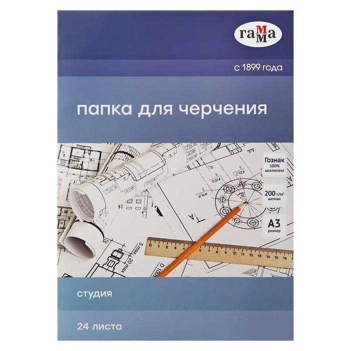 Папка для черчения А3, 24 листа, Гамма  Папка для черчения А3, 24 листа, Гамма "Студия" (бумага Гознак СПб), без рамки, 200г/м2