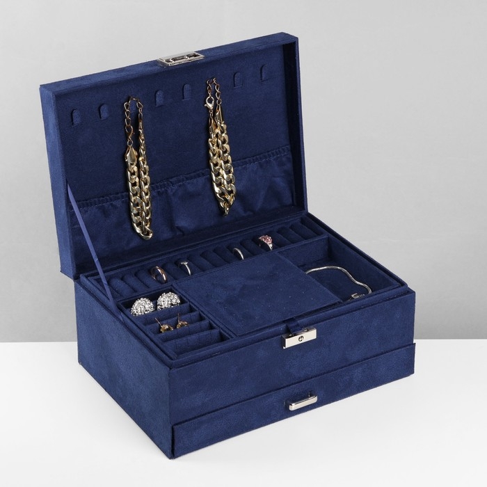 Подставка для украшений «Шкатулка» 2-х уровневая, флок, 24,5×17×12 см, цвет синий Подставка для украшений «Шкатулка» 2-х уровневая, флок, 24,5×17×12 см, цвет синий