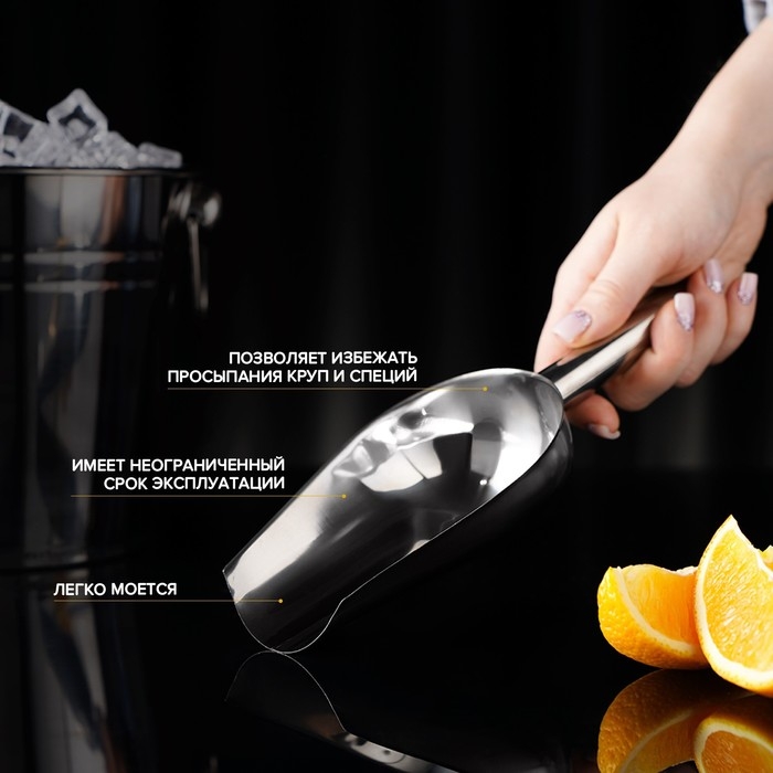 Совок из нержавеющей стали для льда и сыпучих продуктов, 260 мл, 24×9 см, цвет хромированный Совок из нержавеющей стали для льда и сыпучих продуктов, 260 мл, 24×9 см, цвет хромированный