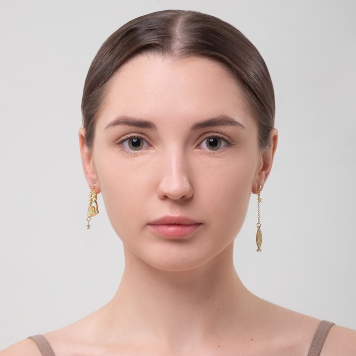 Серьги эмаль &laquo;Ночь&raquo; кот и рыбка, цветные в золоте