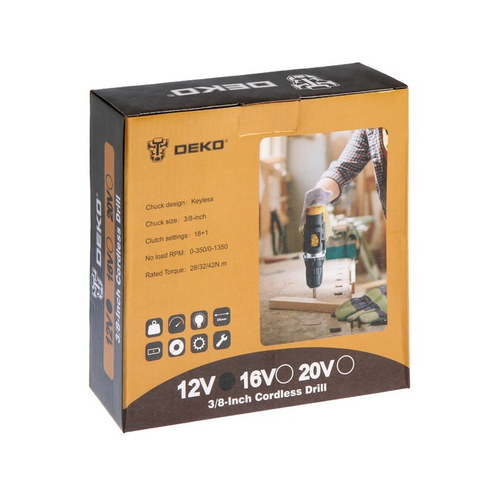 Дрель-шуруповерт DEKO DKCD12FU-Li, 12 В, 1.5 Ач, Li-lon, 28 Нм, 350/1350 об/мин