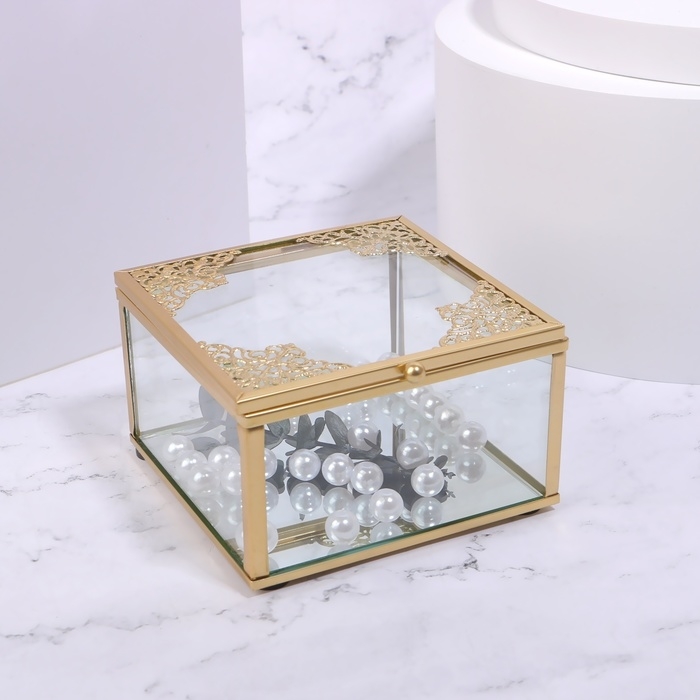 Органайзер для хранения «GREAT», с крышкой, стеклянный, с зеркальным дном, 1 секция, 10 × 10 × 6 см, цвет прозрачный/медный