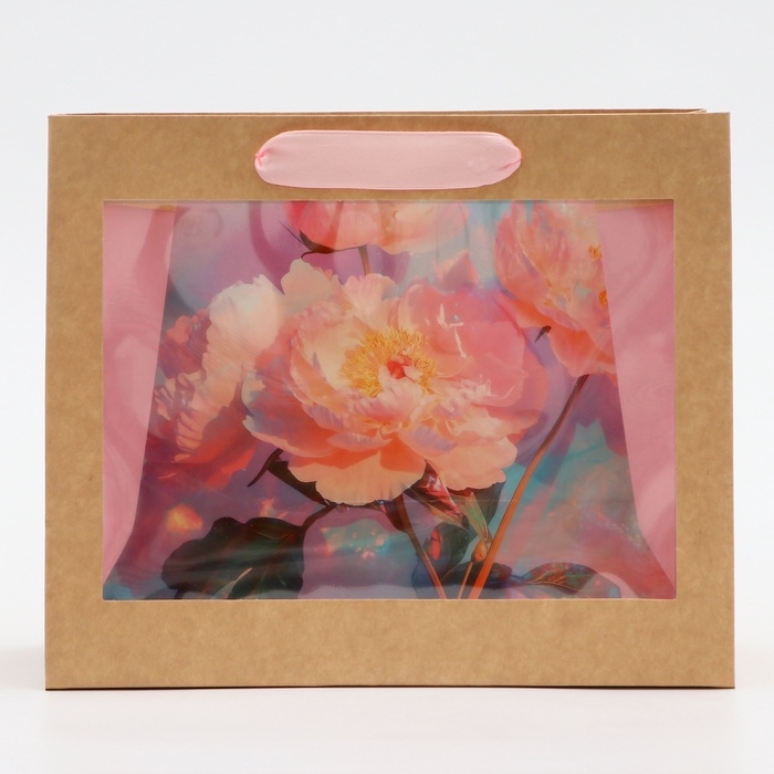 Пакет с PVC окном, Пакет с PVC окном, "Пионы", 24 х 11 х 20 см