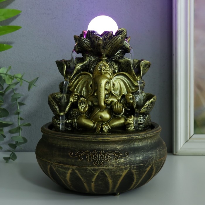 Фонтан настольный с подсветкой "Ганеша у фонтана с лотосом" 16х16х21 см
