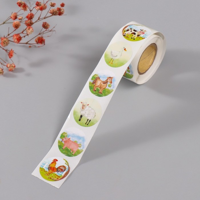 Наклейка бумага Наклейка бумага "Животные в деревне" d=2,5 см 252 шт в рулоне