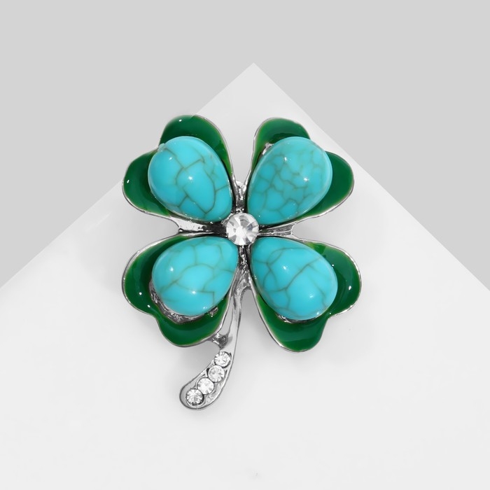 Брошь &laquo;Клевер&raquo; с бирюзой, цветная в серебре