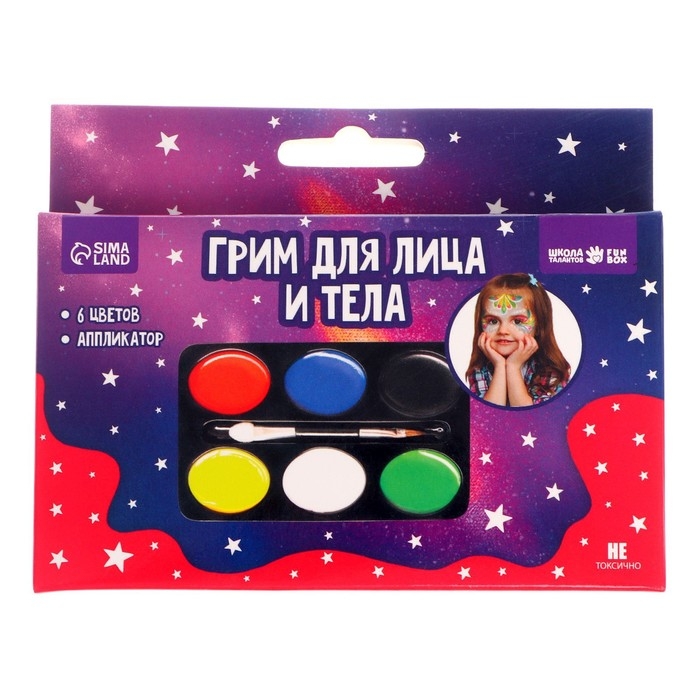 Краски-грим для лица и тела: 6 цветов + аппликатор Краски-грим для лица и тела: 6 цветов + аппликатор