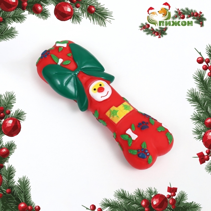 Новый год. Игрушка пищащая для собак  Новый год. Игрушка пищащая для собак "Новогодняя кость с бантиком", виниловая, 18 х 5,6 х 4 см, красная