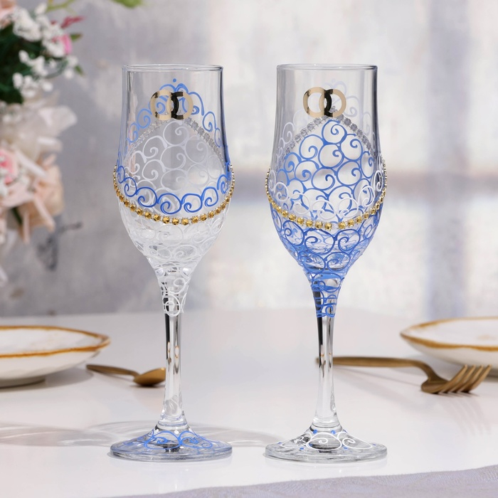 Набор свадебных бокалов "Кольца", бело-голубой