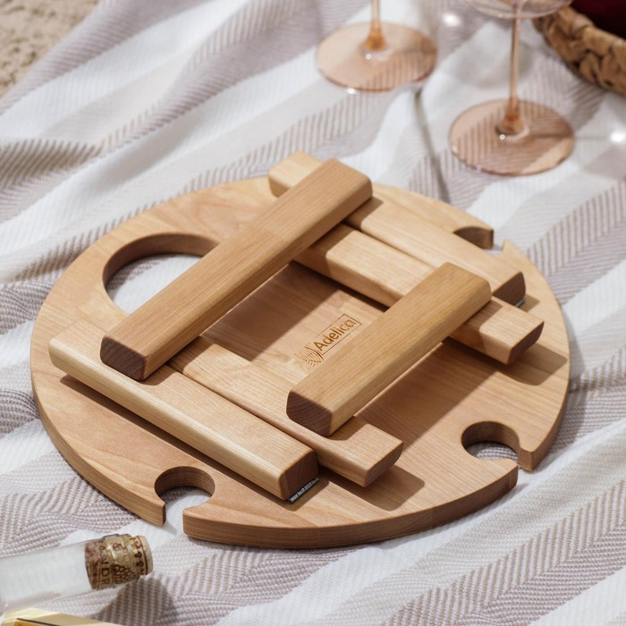 Столик - поднос для вина с менажницей и складными ножками Adelica, на 3 персоны, d=32×2,8 см, берёза Столик - поднос для вина с менажницей и складными ножками Adelica, на 3 персоны, d=32×2,8 см, берёза