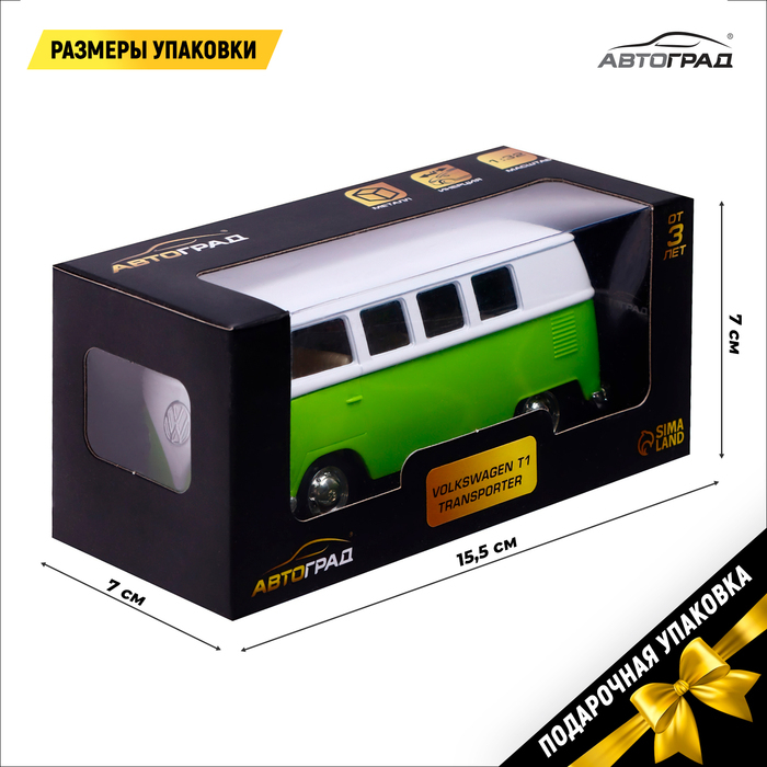 Машина металлическая VOLKSWAGEN TRANSPORTER T1, 1:32, открываются двери, инерция, цвет зелёный Машина металлическая VOLKSWAGEN TRANSPORTER T1, 1:32, открываются двери, инерция, цвет зелёный
