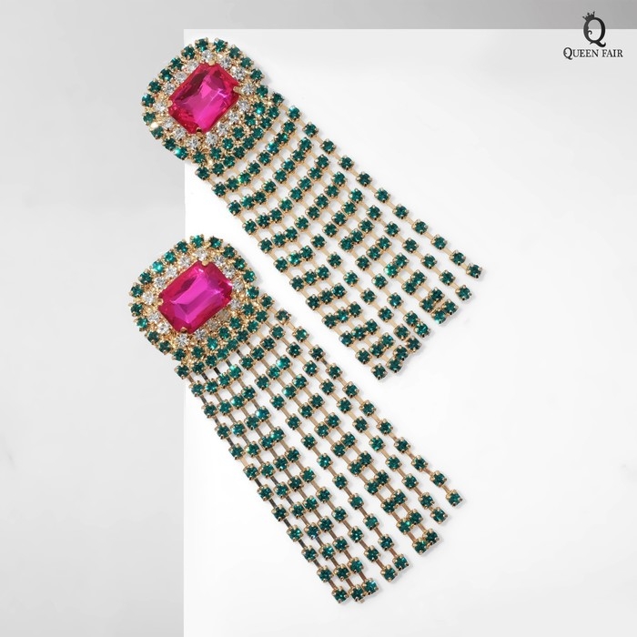 Серьги висячие со стразами «Бурлеск» водопад, цветные в золоте,10 см