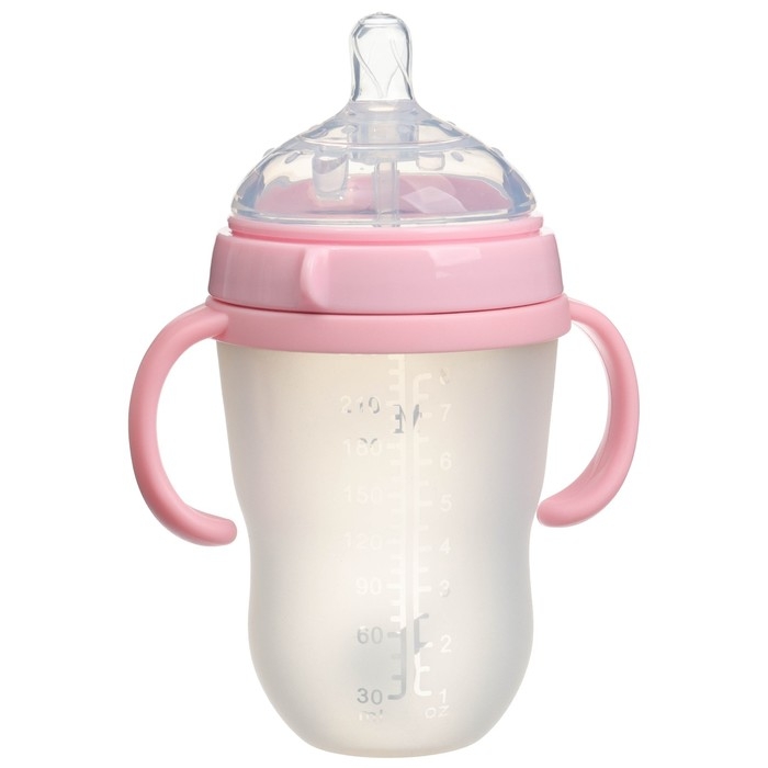 Бутылочка для кормления M&B, ШГ Ø70мм, от 6 мес, 250мл., с ручками, силиконовая колба, цвет розовый Бутылочка для кормления M&B, ШГ Ø70мм, от 6 мес, 250мл., с ручками, силиконовая колба, цвет розовый