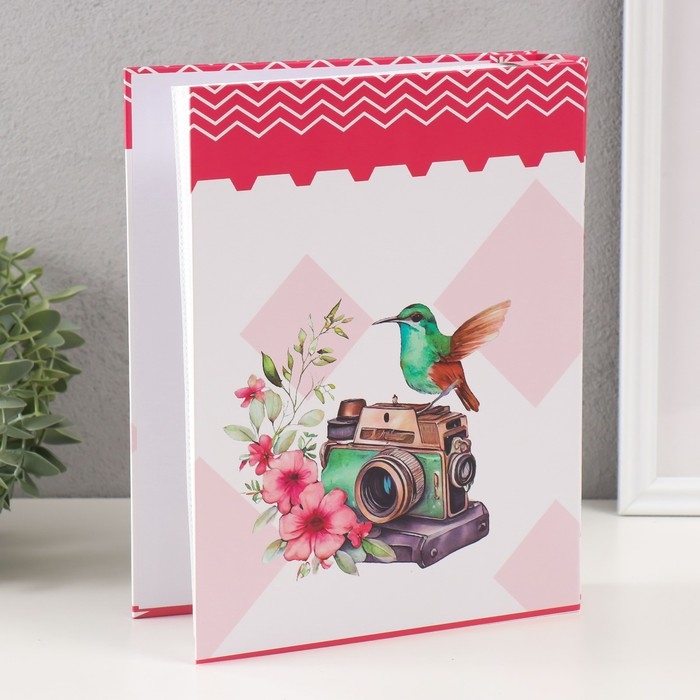 Фотоальбом на 100 фото 10х15 см  Фотоальбом на 100 фото 10х15 см "Камера и колибри" серебро, в коробке МИКС 5,5х20.8х26 см