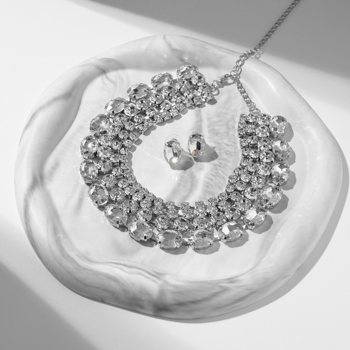 Набор 2 предмета; серьги, колье «Вечерний» 4 ряда, цвет белый в серебре Набор 2 предмета; серьги, колье «Вечерний» 4 ряда, цвет белый в серебре