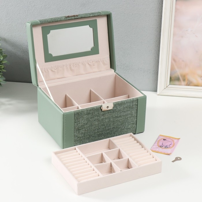 Шкатулка кожзам для украшений сундук Шкатулка кожзам для украшений сундук "Зелёная" комбинированная 23,5х16,5х14,5 см