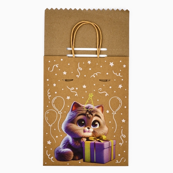 Пакет с клапаном «С Днём рождения», котик, крафт, глиттер, 19,5 × 10 × 25.2 см