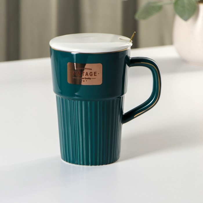 Кружка керамическая с крышкой и ложкой Vintage, 350 мл, цвет изумрудный Кружка керамическая с крышкой и ложкой Vintage, 350 мл, цвет изумрудный