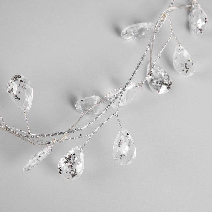 Гирлянда «Мишура» 1.2 м роса с насадками «Кристаллы», IP20, серебристая нить, 20 LED, батарейки CR2032х2 (в комплекте), свечение тёплое белое