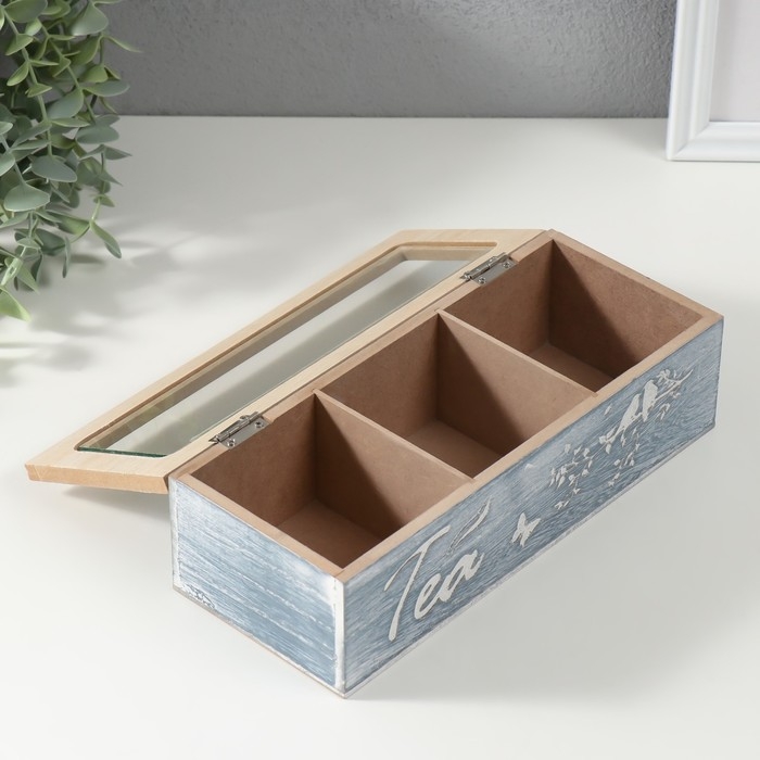 Шкатулка дерево 3 деления  Шкатулка дерево 3 деления "Птицы на ветке" синяя 9,7х24х7 см