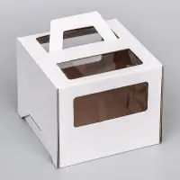 Коробка под торт 2 окна, с ручками, белая, + подложка 2.5 золото - белый, 24&times;24&times;20 см