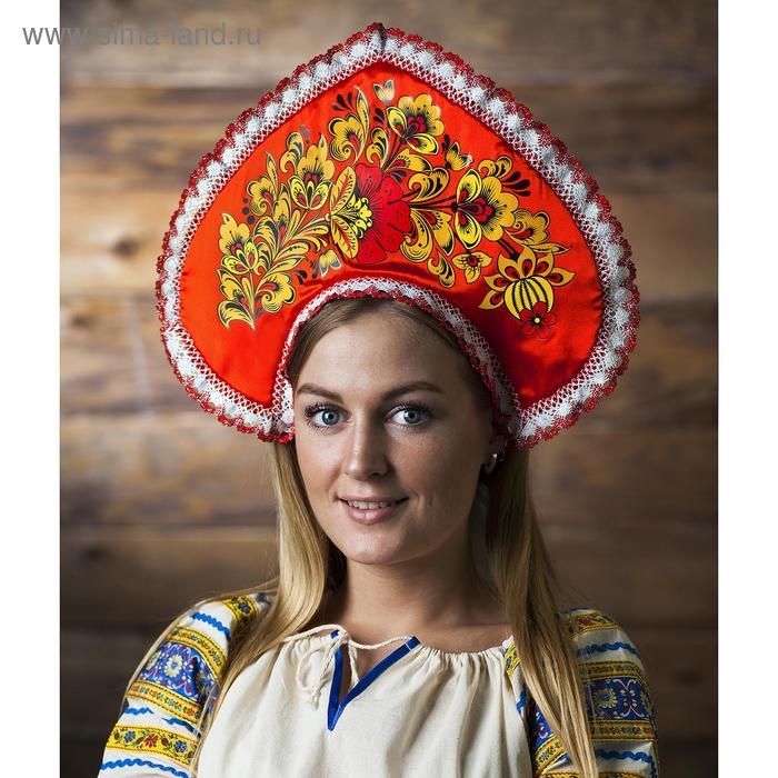 Кокошник «Хохлома принт», красный атлас, ленты МИКС Кокошник «Хохлома принт», красный атлас, ленты МИКС