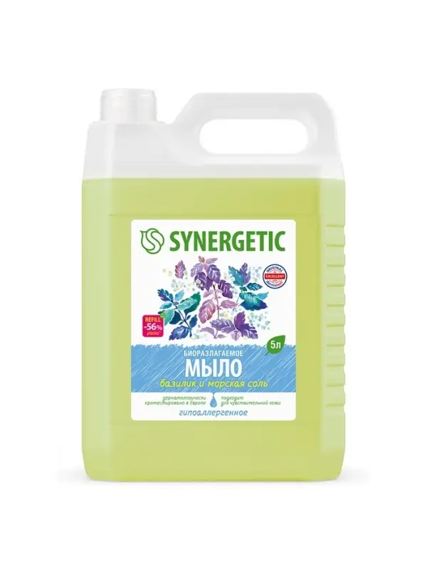 Мыло жидкое SYNERGETIC, биоразлагаемое, для мытья рук и тела &laquo;Базилик и морская соль&raquo;, 5 л