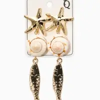 Серьги "Морской мир", рыбки с ракушкой, цвет белый в золоте