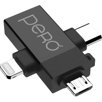 Адаптер PERO AD14 OTG LIGHTNING+USB-C+MICRO-USB TO USB 3.0, черный