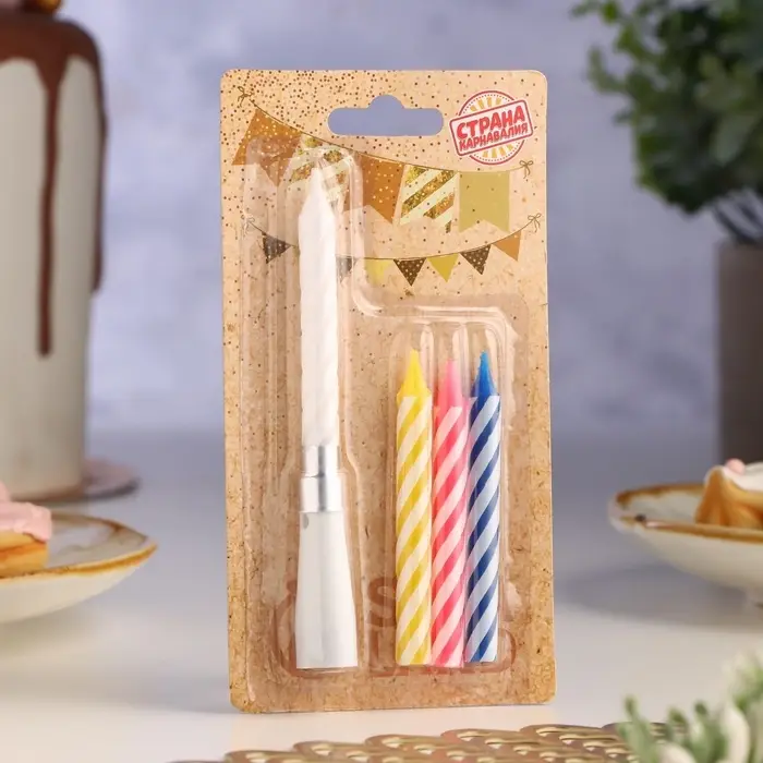 Свечи для торта «Яркая полоска», 7 см, набор 3 витых и музыкальная Свечи для торта «Яркая полоска», 7 см, набор 3 витых и музыкальная