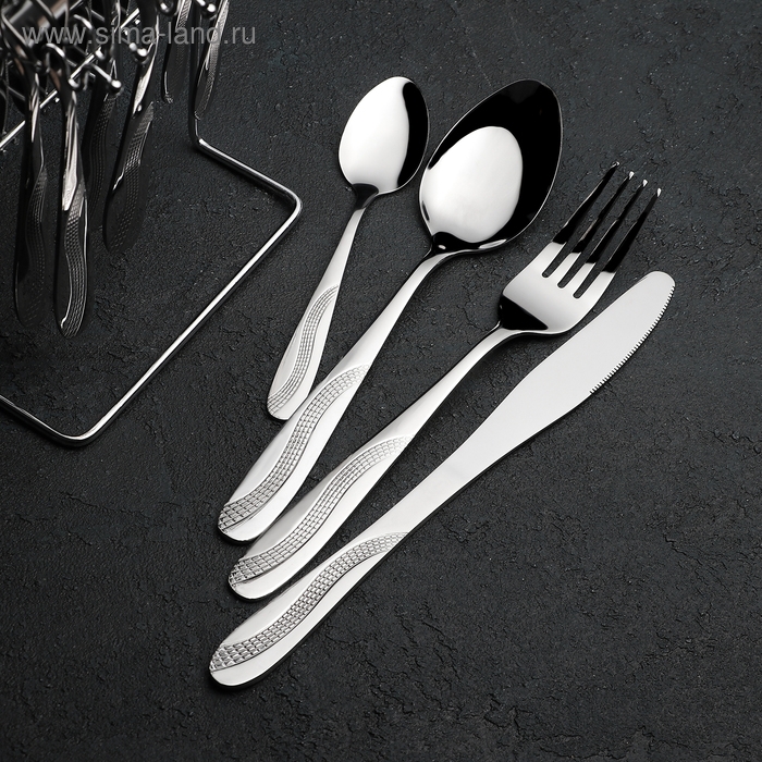 Набор столовых приборов из нержавеющей стали «Водопад», 24 предмета, на подставке, цвет серебряный Набор столовых приборов из нержавеющей стали «Водопад», 24 предмета, на подставке, цвет серебряный