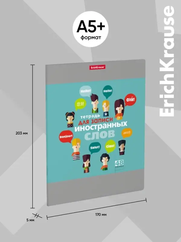 Тетрадь для записи иностранных слов ErichKrause. Hello, А5+, 48 листов, в линейку, три столбца, обложка из мелованного картона, блок офсет, МИКС