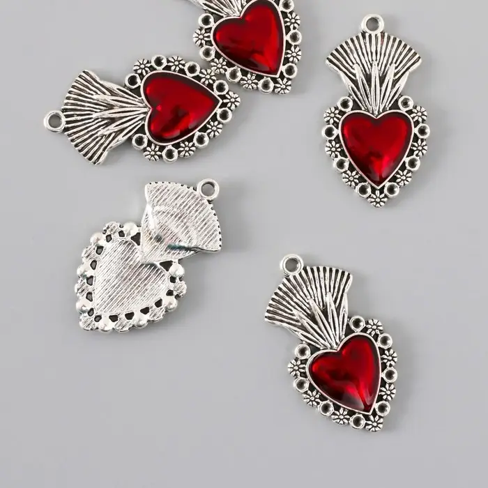 Декор для творчества металл "Красное сердце корона" серебро эмаль 3,6х2 см