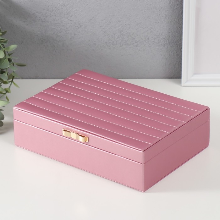 Шкатулка кожзам для украшений  Шкатулка кожзам для украшений "Стёганная. Полоски. Бант" розовый металлик 17х24х7 см
