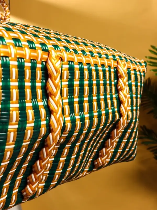 Сумка плетёная пластиковая 40х20х55 см, цв. зелёно-бежевый Сумка плетёная пластиковая 40х20х55 см, цв. зелёно-бежевый