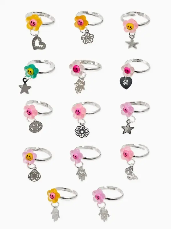 Кольцо «Выбражулька», цветок смайлик с подвеской, безразмерное, МИКС, фасовка 36 шт. Кольцо «Выбражулька», цветок смайлик с подвеской, безразмерное, МИКС, фасовка 36 шт.