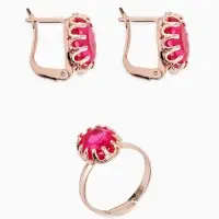 Гарнитур 3 предмета: серьги, кулон, кольцо безразмерное &laquo;Эдель&raquo;, овал, ярко-розовые в золоте, 45 см