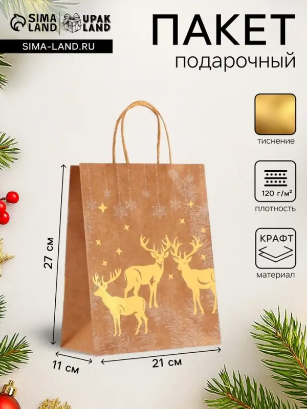 Пакет подарочный новогодний, крафт с золотым тиснением, круглая ручка, &laquo;Новый год&raquo; 21&times;27&times;11 см, 120 г