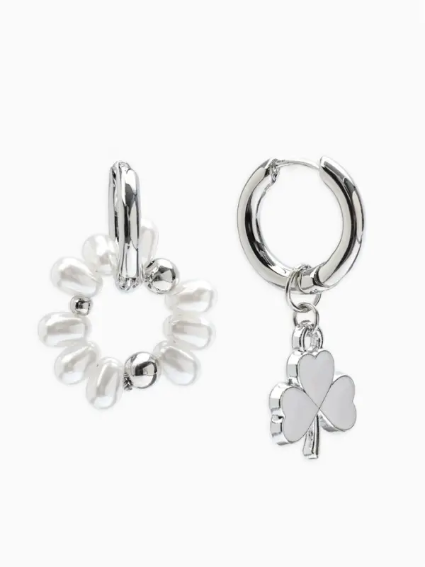 Серьги со съёмным элементом &laquo;Трансформер&raquo;, клевер-сердце, бело-бежевые в серебре