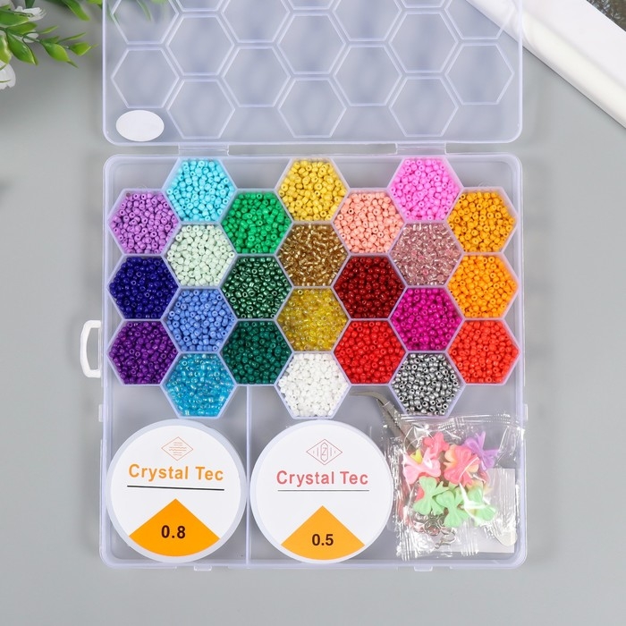 Бисер стекло 8/0, 12/0 в шкатулке  Бисер стекло 8/0, 12/0 в шкатулке "Осень" бусины, эласт. нить, ножницы, пинцет 20х20х1,8 см   102431