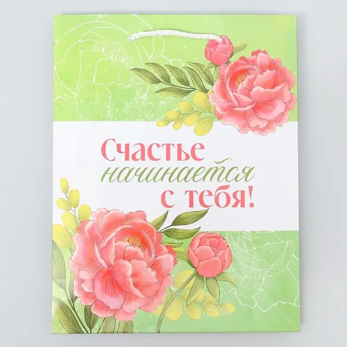 Пакет подарочный ламинированный, упаковка, «Счастье начинается с тебя», MS 18 х 23 х 8 см