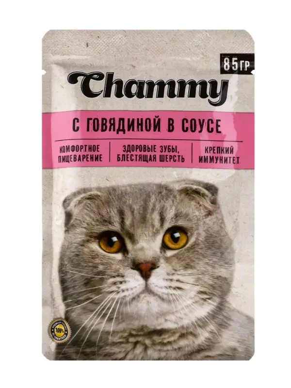 Влажный корм Chammy для кошек, говядина, кусочки в соусе, пауч, 85 г