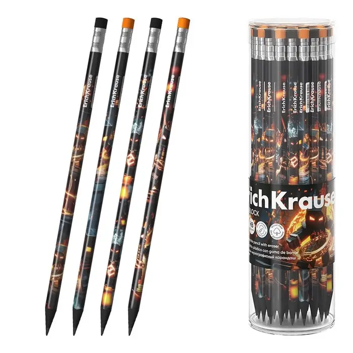Карандаш чернографитный ErichKrause Mine Block трехгранный, с ластиком HB, в тубусе, МИКС
