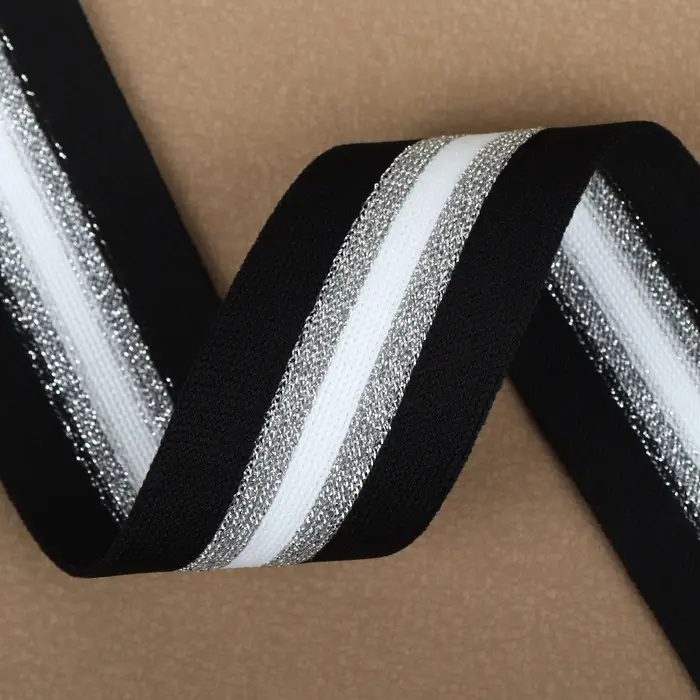 Тесьма трикотажная лампас 40 мм, 9.1&plusmn;0.5 м, цвет чёрный, серебряный