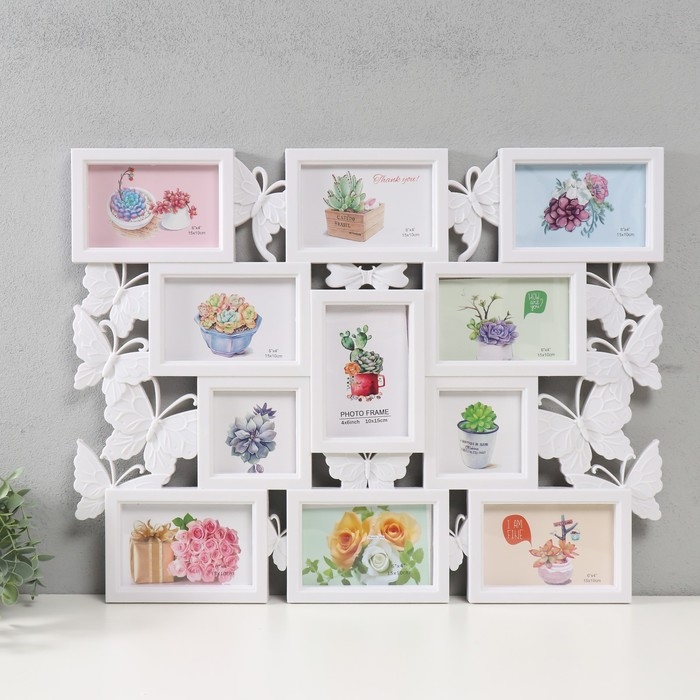 Фоторамка пластик на 11 фото 10х10, 10х15 см  Фоторамка пластик на 11 фото 10х10, 10х15 см "Бабочки" белая 48х63 см