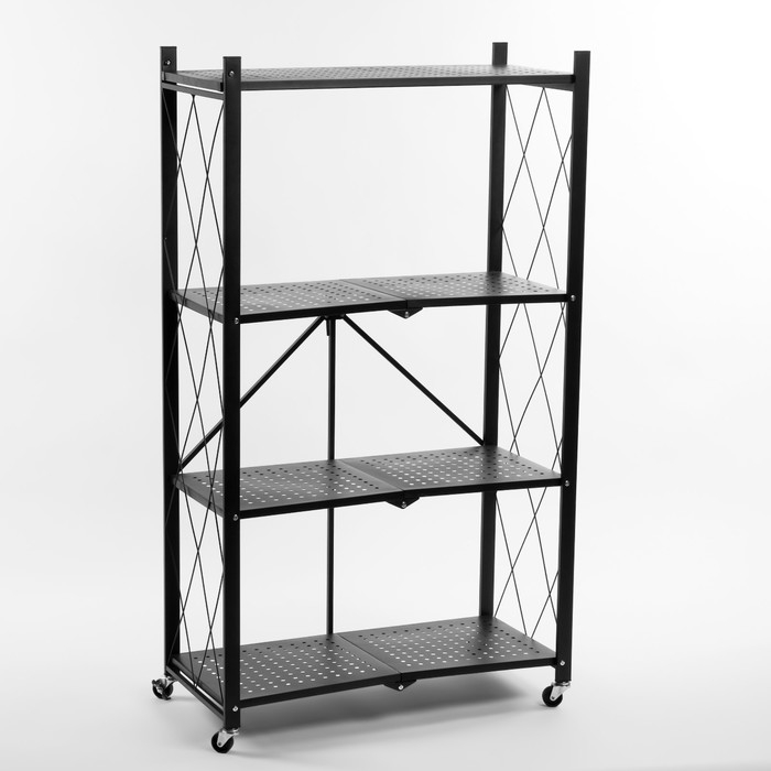 Стеллаж складной на колесах, 4 полки, 72×34×122см, цвет чёрный матовый