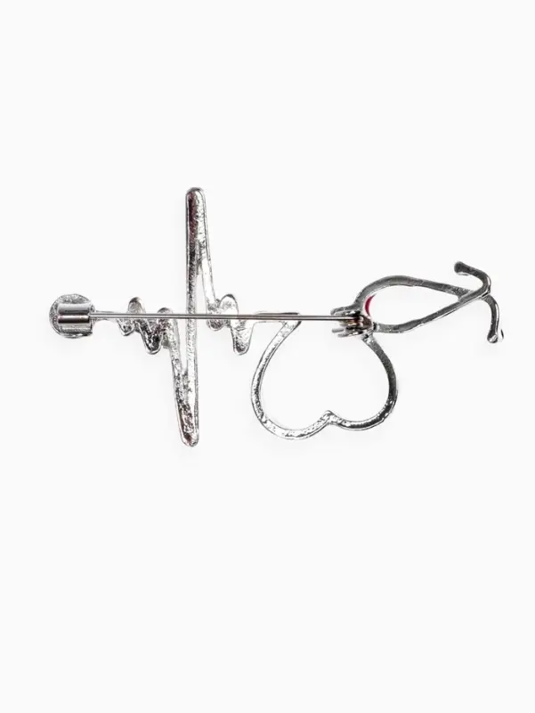 Брошь &laquo;Стетоскоп кардиограмма&raquo;, красная в серебре