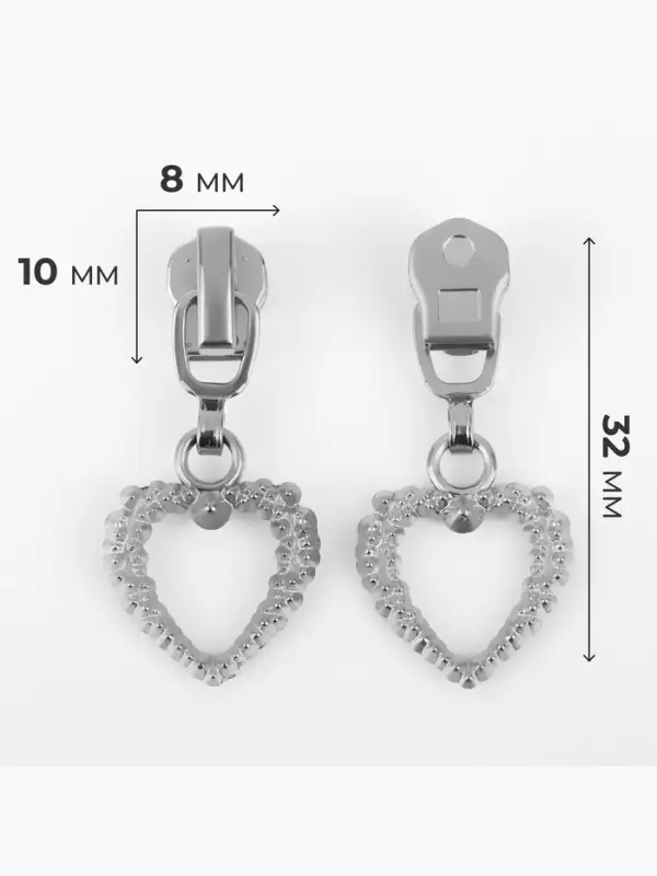 Бегунок для металлической молнии, №3, &laquo;Сердце&raquo;, 10 шт., цвет никель