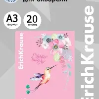 Бумага для акварели А3, 20 листов, ErichKrause &laquo;Колибри&raquo;, блок 180 г/м&sup2;, 100% белизна, картонная папка